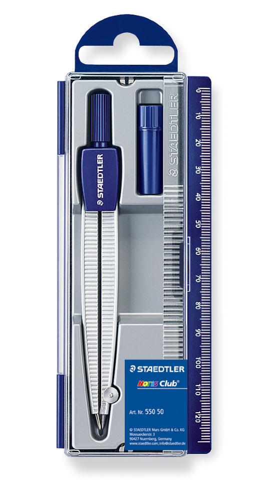 Циркуль Noris Club 550 50,  диаметр окружности до 300 мм, длина - 124 мм, в пластиковом футляре, с запасными грифелями фото 1 &mdash; PalitraMastera