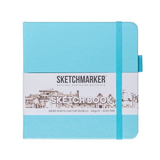 Скетчбук для зарисовок Sketchmarker, небесно-голубой, жесткая обложка с резинкой, 140 г/м2, 12x12 см, 80 листов, цвет бумаги слоновая кость &mdash; PalitraMastera