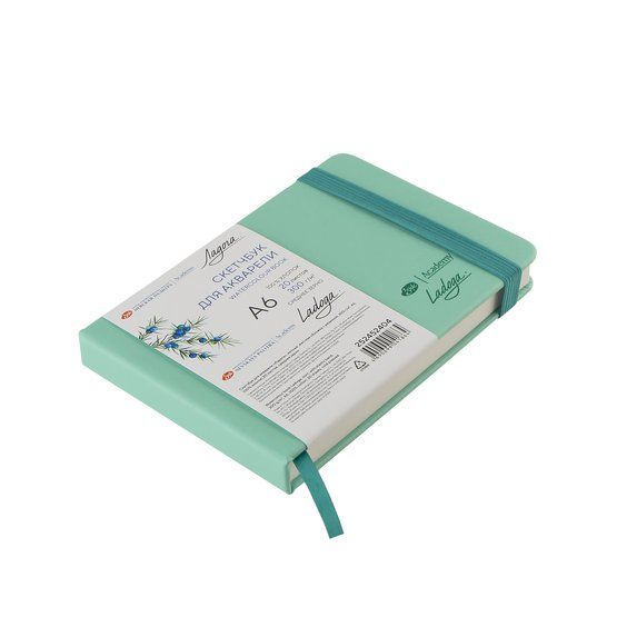 Скетчбук для акварели &quot;Ладога&quot;, мятный, жесткая обложка с резинкой, 300 г/м2, А6, 100 % хлопок, 20 листов, среднее зерно — PalitraMastera