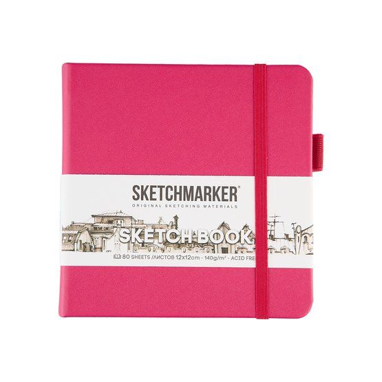 Скетчбук для зарисовок Sketchmarker, маджента, жесткая обложка с резинкой, 140 г/м2, 12x12 см, 80 листов, цвет бумаги слоновая кость &mdash; PalitraMastera