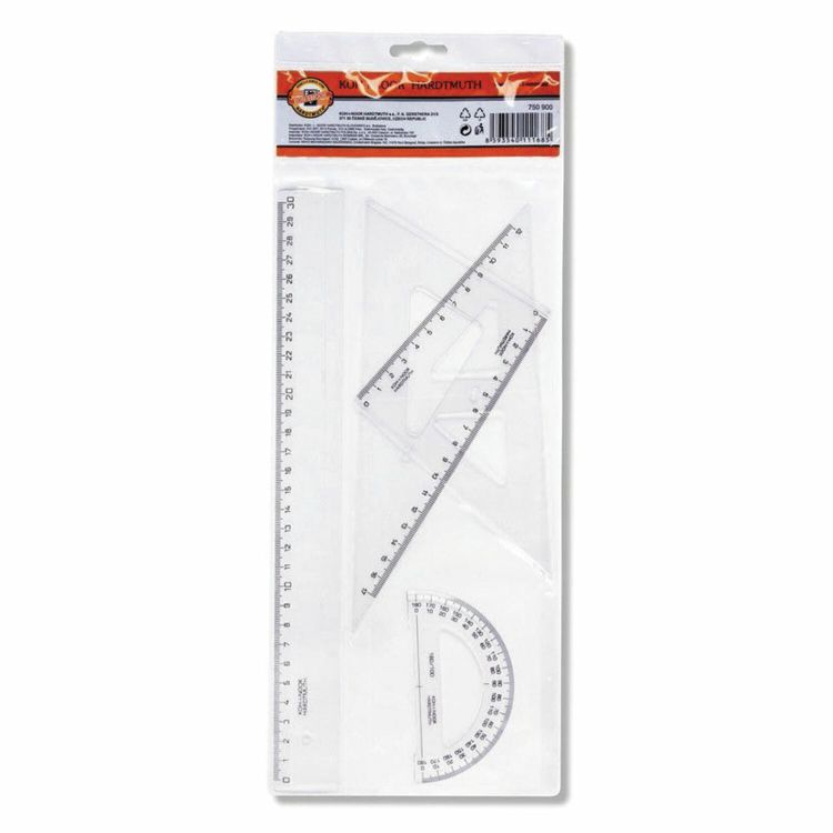 Набор чертежный средний KOH-I-NOOR (линейка 30см, 2 треуг., трансп.), прозрачный, европодвес, 750900 — PalitraMastera