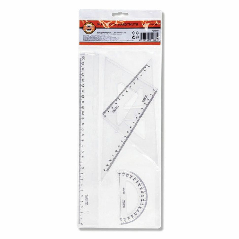 Набор чертежный средний KOH-I-NOOR (линейка 30см, 2 треуг., трансп.), прозрачный, европодвес, 750900 фото 1 &mdash; PalitraMastera