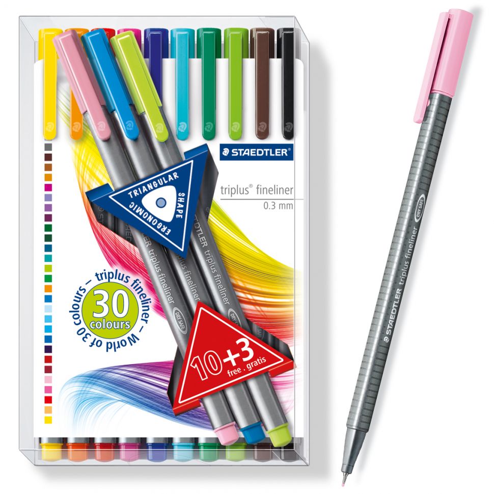 Ручки капиллярные STAEDTLER "Triplus 334" набор 10цв. + 3цв., трехгранные, толщ.0,3мм фото 1 &mdash; PalitraMastera