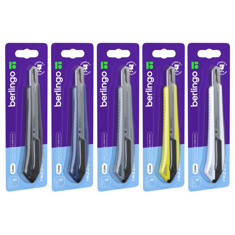 Нож канцелярский 9мм Berlingo &quot;Razzor 200&quot;, auto-lock, металл. направл., ассорти, европодвес — PalitraMastera