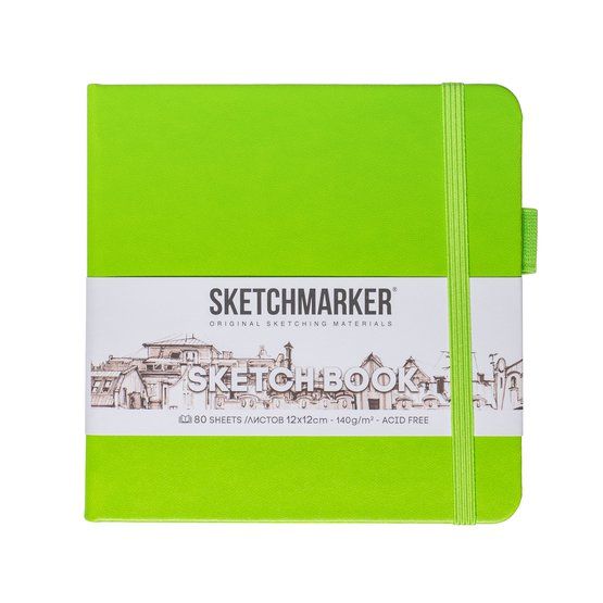 Скетчбук для зарисовок Sketchmarker, зеленый луг, жесткая обложка с резинкой, 140 г/м2, 12x12 см, 80 листов, цвет бумаги слоновая кость фото 1 &mdash; PalitraMastera