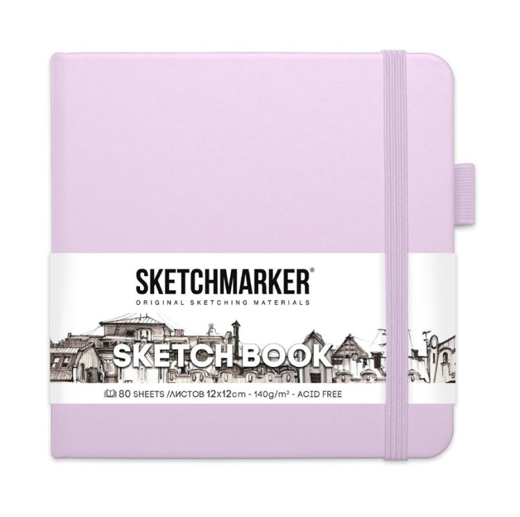 Скетчбук для зарисовок Sketchmarker, фиолетовый пастельный, жесткая обложка с резинкой, 140 г/м2, 12x12 см, 80 листов, цвет бумаги слоновая кость &mdash; PalitraMastera