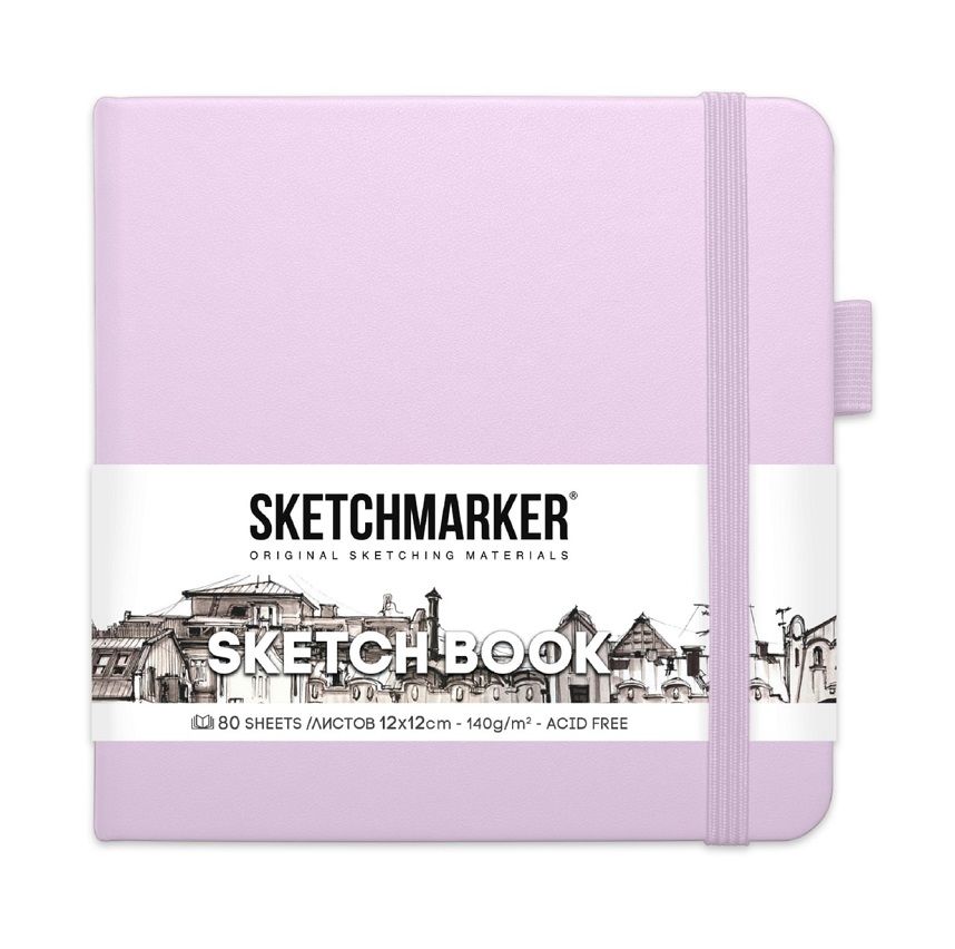 Скетчбук для зарисовок Sketchmarker, фиолетовый пастельный, жесткая обложка с резинкой, 140 г/м2, 12x12 см, 80 листов, цвет бумаги слоновая кость фото 1 &mdash; PalitraMastera