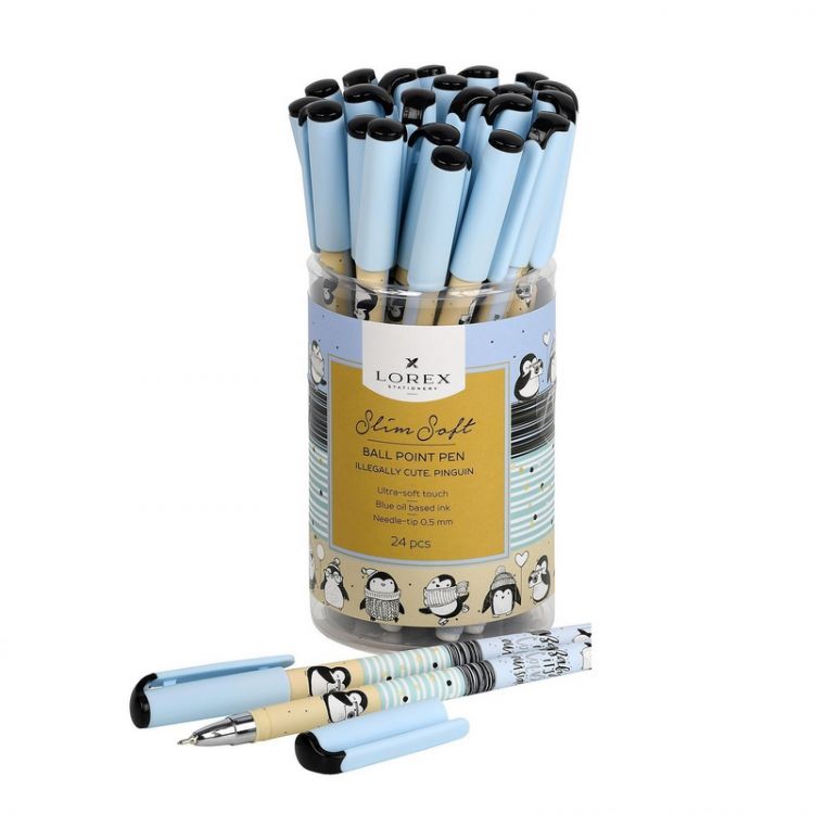 Ручка маслян. LOREX ILLEGALLY CUTE.PINGUIN Slim Soft синий 0,5 мм кругл. корп. ultra-soft touch игольчатый наконечник — PalitraMastera
