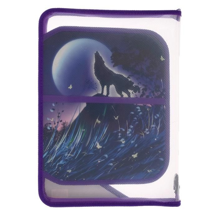 Папка для труда А4, молния вокруг, откидная планка, пластиковая, Calligrata, «Волк» — PalitraMastera