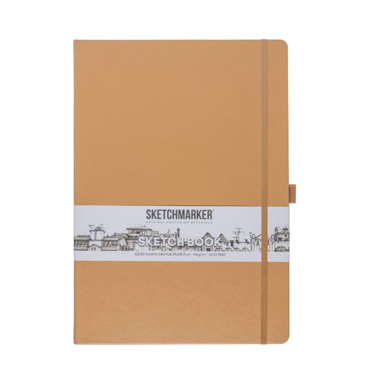 Скетчбук для зарисовок Sketchmarker, капучино, жесткая обложка с резинкой, 140 г/м2, 21x29.7 см, 80 листов, цвет бумаги слоновая кость &mdash; PalitraMastera