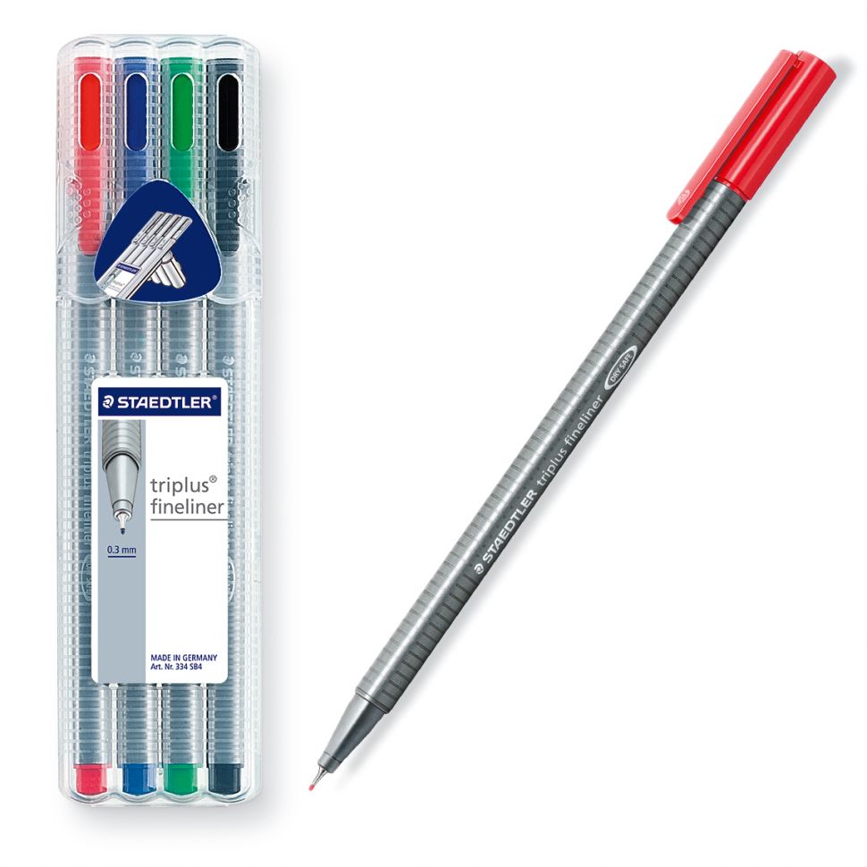 Набор ручек капиллярных Triplus 334, 4 цв., трехгранные, толщина линии - 0,3 мм, в пластиковом футляре фото 1 — PalitraMastera