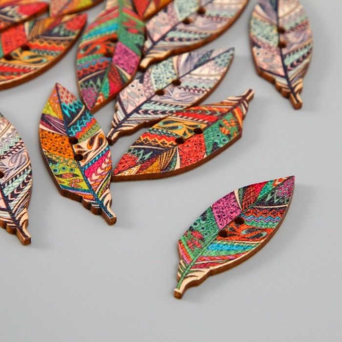 Пуговица дерево для творчества 2 прокола &quot;Пёрышки с узорами&quot; набор 16 шт МИКС 4,2х1,4х0,2 см 9917747 — PalitraMastera