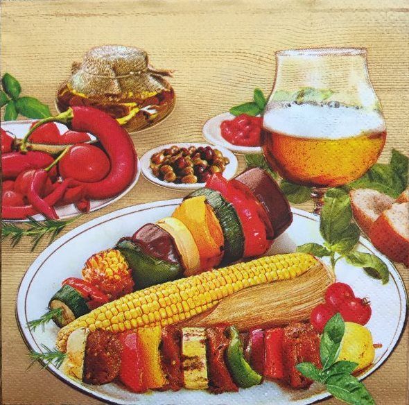 Салфетка трехслойная Daisy 33х33 см, шашлык, овощи на тарелке, кукуруза, пиво АКЦИЯ!!! — PalitraMastera