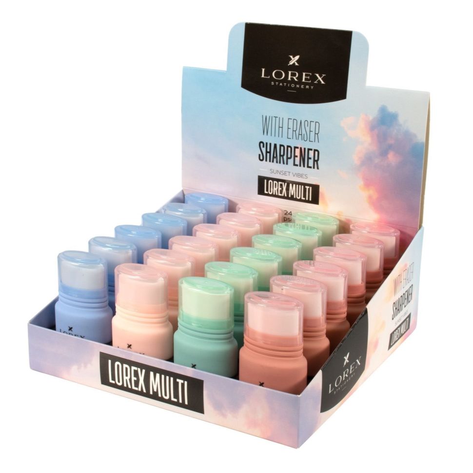 Точилка LOREX Multi Sunset Vibes с контейнером и ластиком ассорти корпус пластик 1 отвер. в дисплее индив. штрих-код фото 1 — PalitraMastera