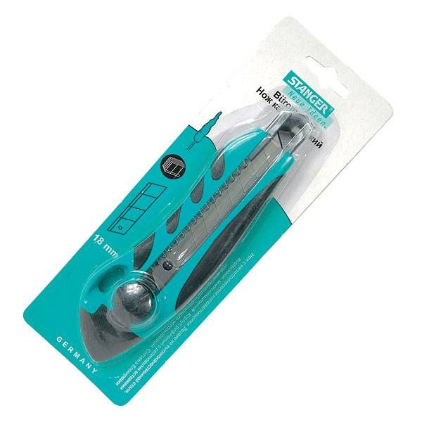 Нож канцелярский усиленный STANGER 18 мм комбинированный фиксатор зелен., резиновые вставки — PalitraMastera