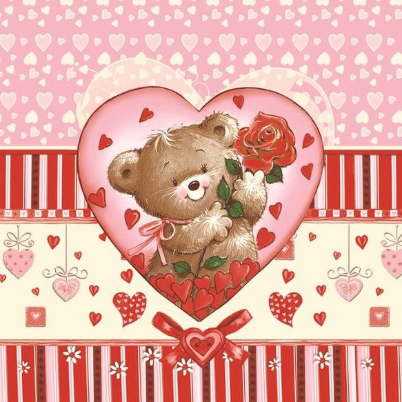 Салфетка трехслойная, Daisy 33х33 см, Мишка с розой в сердце, сердечки фото 1 — PalitraMastera