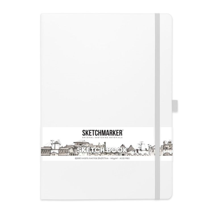 Скетчбук для зарисовок Sketchmarker, белый, жесткая обложка с резинкой, 140 г/м2, 21x29,7 см, 80 листов, цвет бумаги слоновая кость &mdash; PalitraMastera
