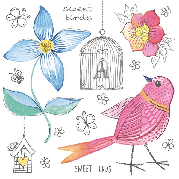 Салфетки - трехслойные, Maki, рисованные цветы , птичка, клетки — PalitraMastera