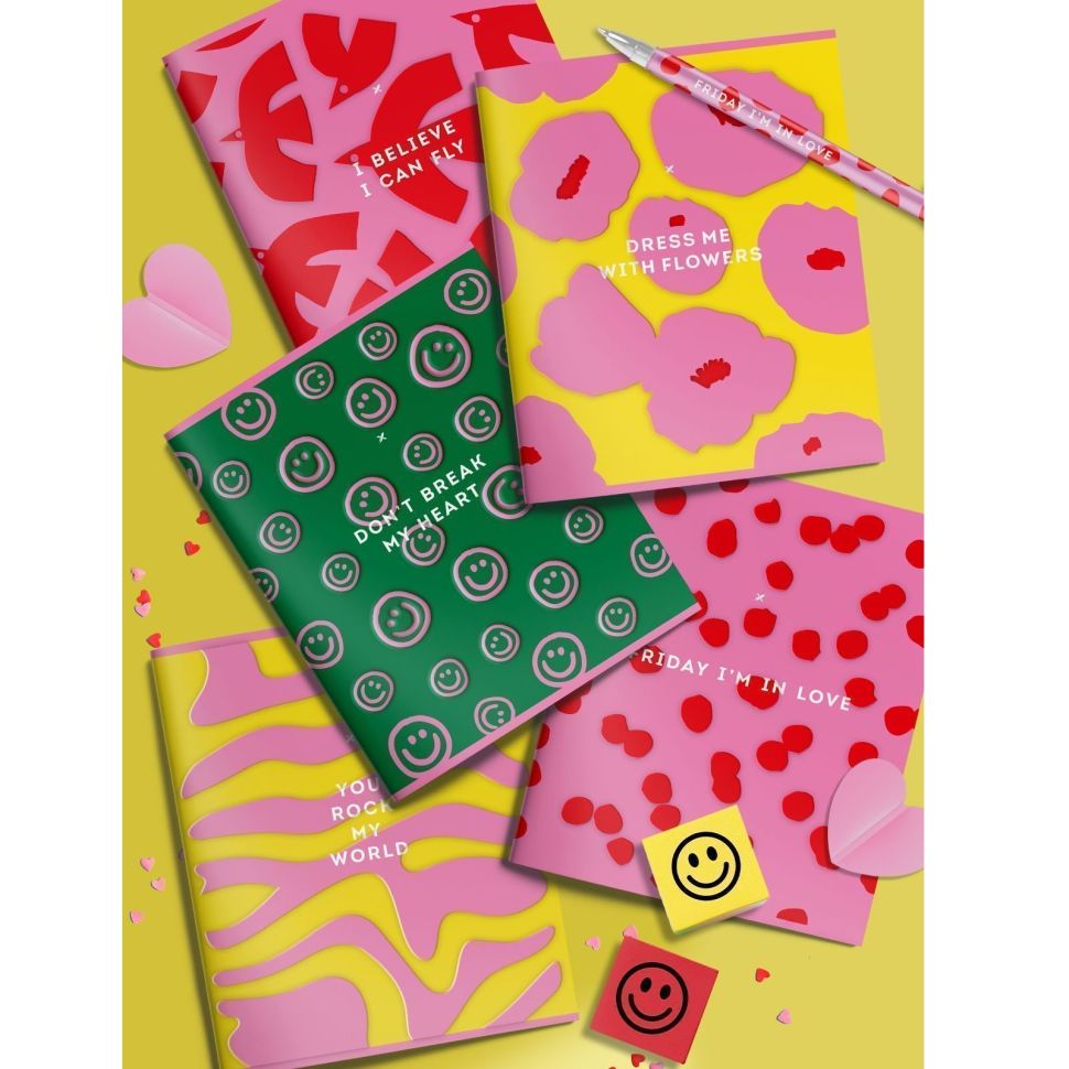 Тетрадь 48 л. А5 кл. скреп. офс. LOREX JOY мел. карт. двойная обложка запечатка форзаца, soft touch, конгрев фото 1 — PalitraMastera