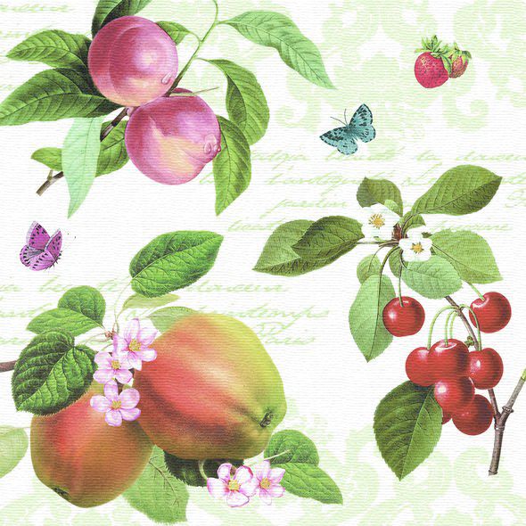 Салфетка для декупажа - 33 x 33 cm Фрукты и бабочки, Botaniques (яболко, вишня, слива) фото 1 — PalitraMastera