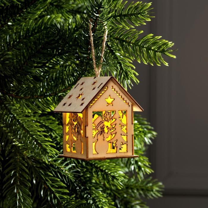 Ёлочная игрушка «Домик со снеговиком», от батареек, свечение тёплое белое &mdash; PalitraMastera