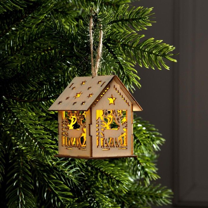 Ёлочная игрушка «Домик с оленем», от батареек, свечение тёплое белое &mdash; PalitraMastera