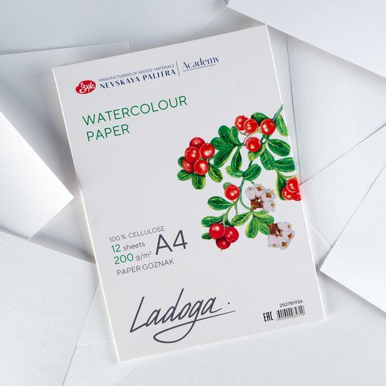 Папка с бумагой для акварели &quot;Ладога&quot;, А4, 200 г/м2, 12 л, 100% целлюлоза, среднее зерно — PalitraMastera