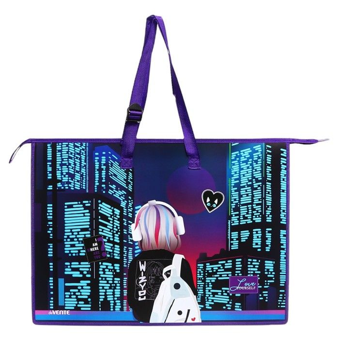 Папка для чертежей и рисунков А2, 650 х 470 х 100 мм, с ручками, пластик молния сверху deVENTE City Girl, внутренний карман — PalitraMastera