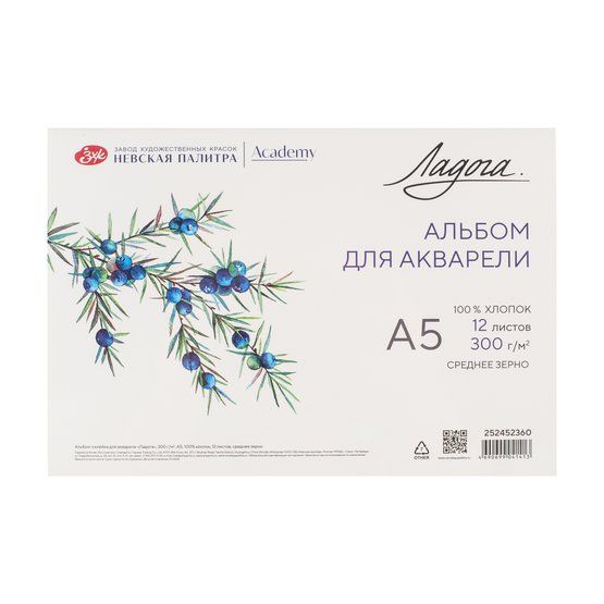 Альбом-склейка для акварели &quot;Ладога&quot;, 300 г/м2, А5, 100% хлопок, 12 листов, среднее зерно — PalitraMastera