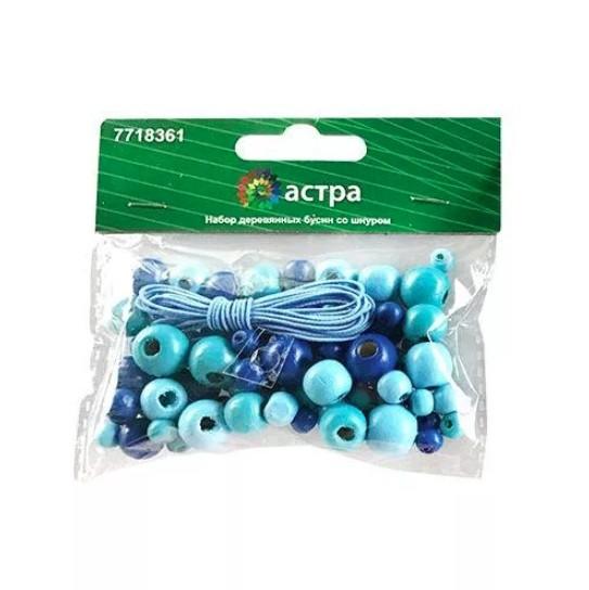 160815 Набор деревянных бусин со шнуром, голубой микс, 6,8,10,12мм, 90шт/упак, Астра. фото 1 &mdash; PalitraMastera