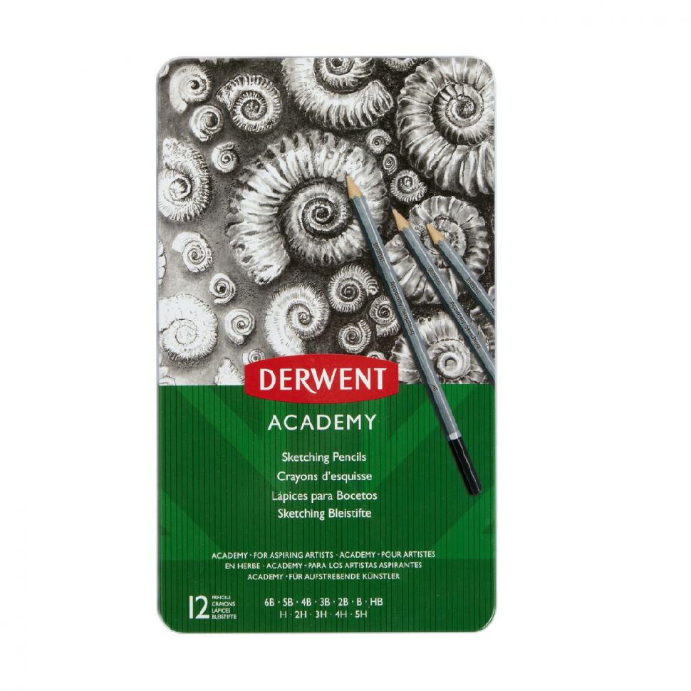 Набор графитовых карандашей для набросков ACADEMY SKETCHING, степени твердости - 6В - 5Н, 12 шт.  в металлической коробке фото 1 — PalitraMastera