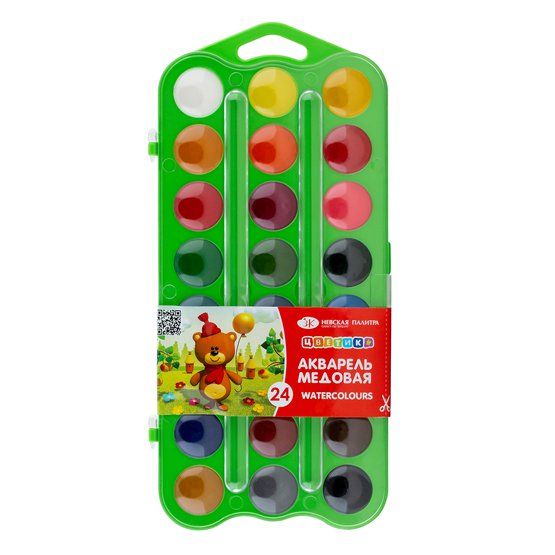 Цветик Набор акварель,зеленая пластиковая упаковка с петлей, 24 цвета — PalitraMastera