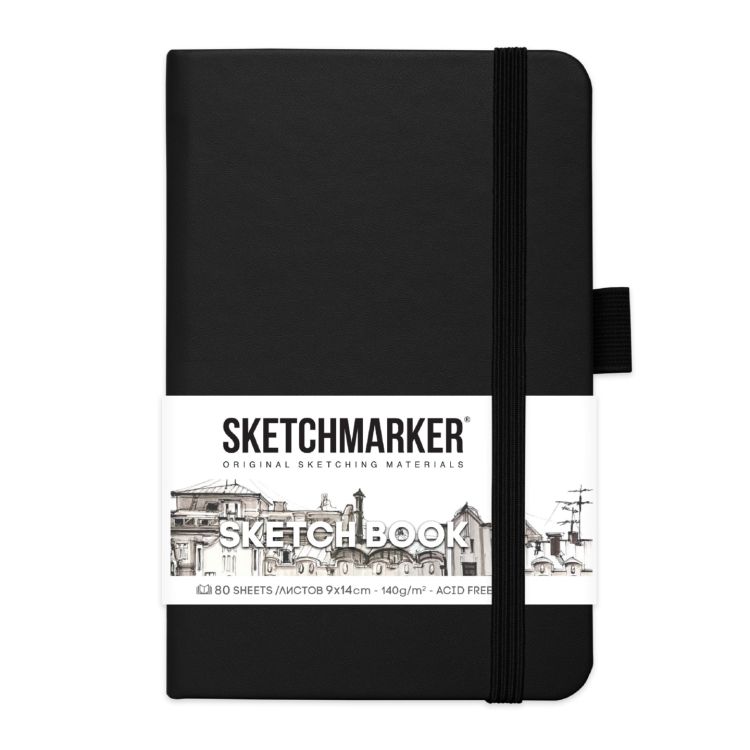 Блокнот для зарисовок Sketchmarker 140г/кв.м 9*14см 80л твердая обложка Черный &mdash; PalitraMastera