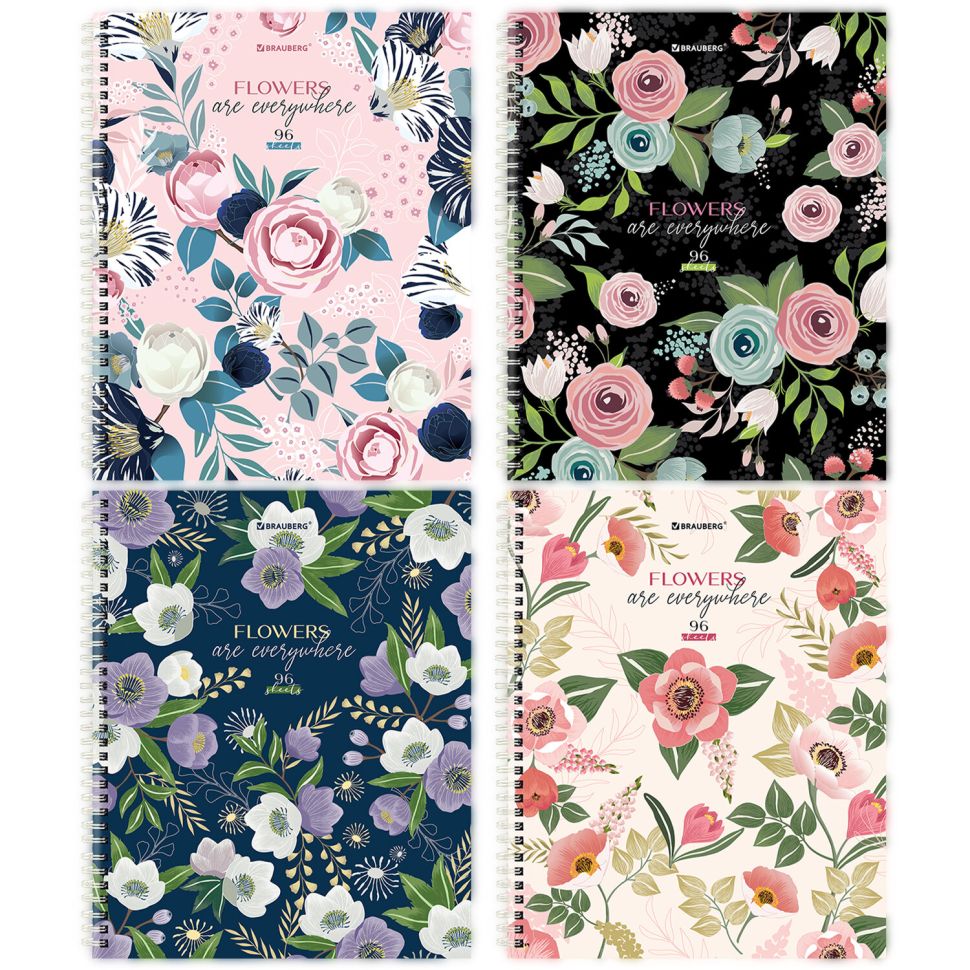 Тетрадь А5 96л. BRAUBERG гребень, клетка, твёрдая обложка, Flowers 404444 фото 1 &mdash; PalitraMastera