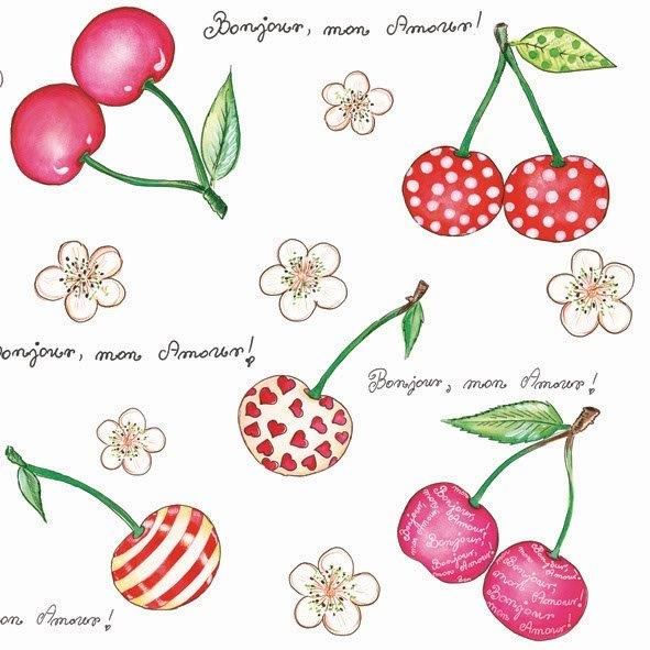 Салфетки - трехслойные, Daisy, вишенки и цветочки рисованные, на кремовом — PalitraMastera