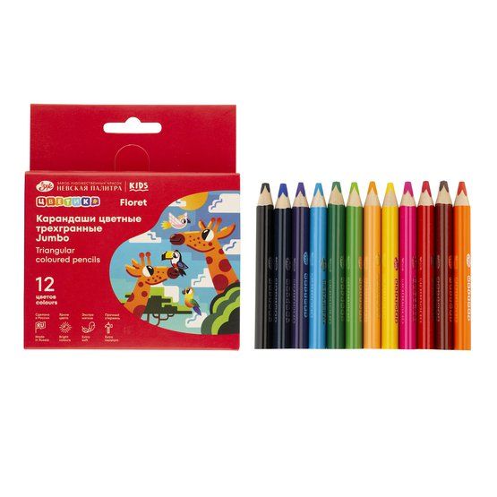 Набор трехгранных цветных карандашей "Цветик" Джамбо, 12 цветов, длина 85 мм, в картонной коробке--- фото 1 — PalitraMastera