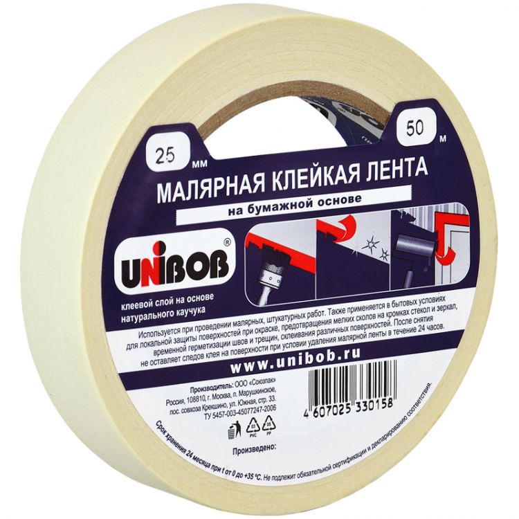 Клейкая лента малярная Unibob, 25мм*50м, инд.упаковка — PalitraMastera