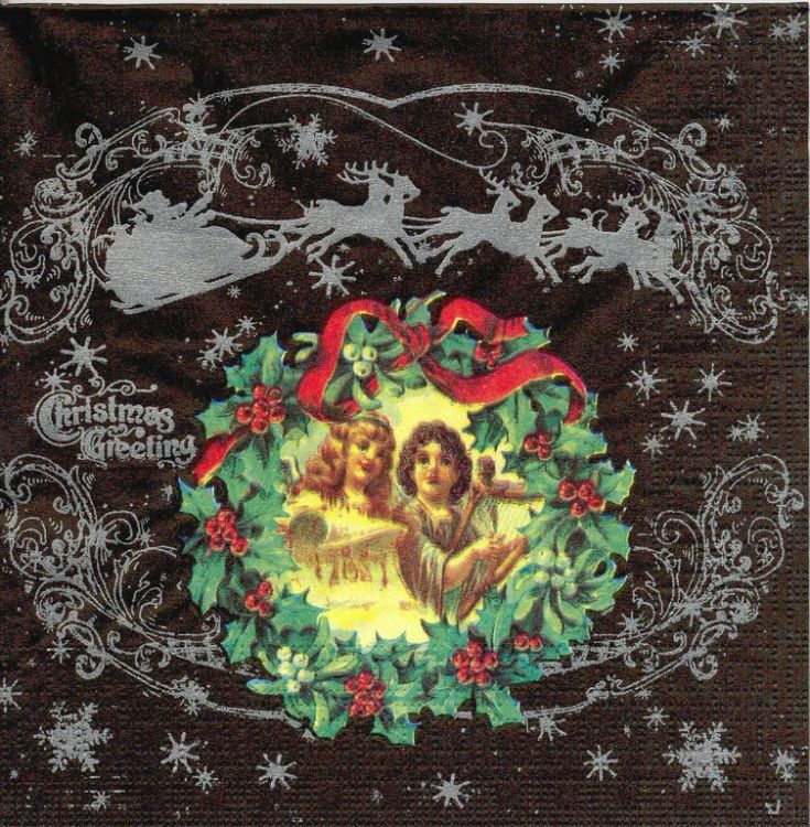 Салфетка для декупажа 33 х 33 см Винтажные ангелы, венок, упряжка на черном АКЦИЯ!! — PalitraMastera