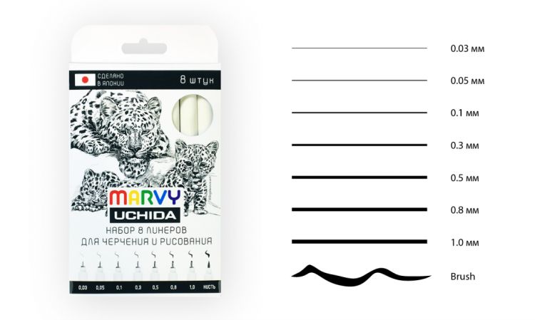 Наб.лин,руч.д/черч.и рис.чер. 8 шт/уп 0,03/0,05/0,1/0,3/0,5/0,8/1,0/Brush(box)T /Marvy — PalitraMastera