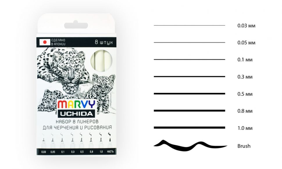 Наб.лин,руч.д/черч.и рис.чер. 8 шт/уп 0,03/0,05/0,1/0,3/0,5/0,8/1,0/Brush(box)T /Marvy фото 1 — PalitraMastera