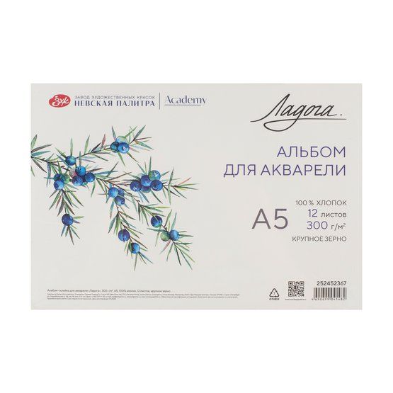 Альбом-склейка для акварели &quot;Ладога&quot;, 300 г/м2, А5, 100% хлопок, 12 листов, крупное зерно — PalitraMastera