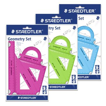 Набор Staedtler для правшей и левшей &quot;Geometry set&quot;:лин.20см, трансп.,треуг.60/30, 45/45, роз.,син.,зел. 18 шт. в дисплее — PalitraMastera