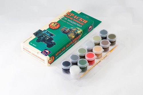 Краски акриловые глянцевые для росписи моделей  набор 12 цв. с кисточкой, 48 мл. Блистер, картон, европодвес. фото 1 &mdash; PalitraMastera