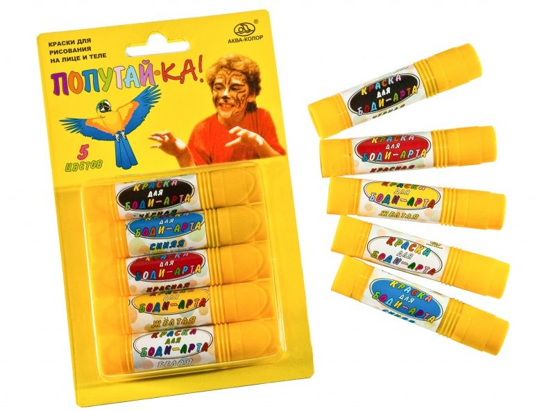 Краска для лица и тела мелки 5 цветов Аква-Колор "Попугай-ка" 5 штук*8г--- фото 1 &mdash; PalitraMastera