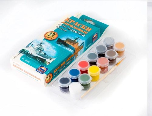 Краски акриловые глянцевые для росписи моделей  набор 12 цв. с кисточкой, 48 мл. Блистер, картон, европодвес. фото 1 &mdash; PalitraMastera