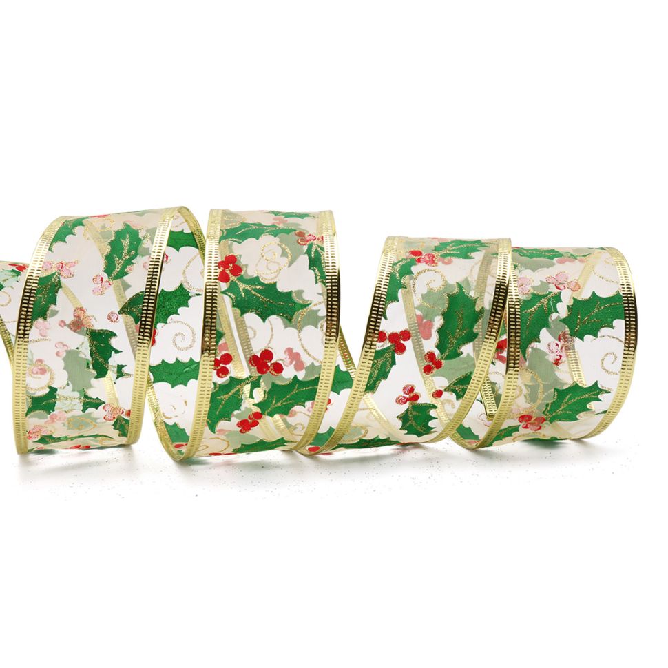 QR-013 Лента упаковочная (органза) зеленый/золото 5см*10м фото 1 — PalitraMastera