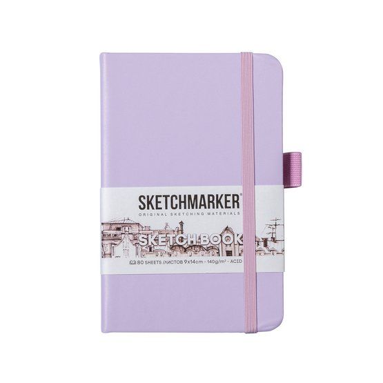 Скетчбук для зарисовок Sketchmarker, фиолетовый пастельный, жесткая обложка с резинкой, 140 г/м2, 9х14 см, 80 листов, цвет бумаги слоновая кость фото 1 &mdash; PalitraMastera