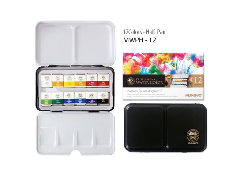 Профессиональные акварельные краски MUNGYO 12 цветов мал. кюветы в металлической коробке фото 1 — PalitraMastera