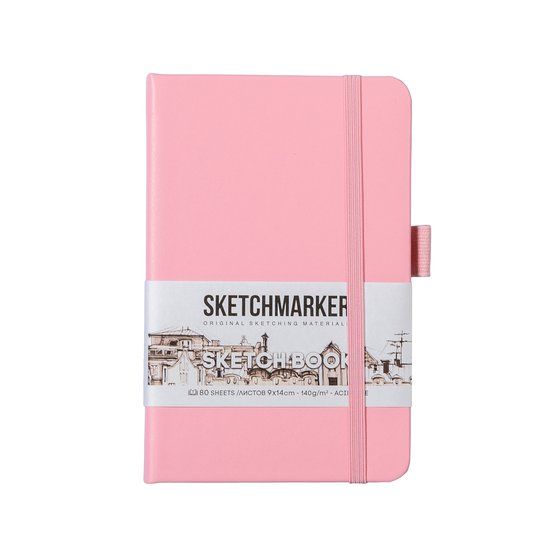 Скетчбук для зарисовок Sketchmarker, розовый, жесткая обложка с резинкой, 140 г/м2, 9х14 см, 80 листов, цвет бумаги слоновая кость фото 1 &mdash; PalitraMastera