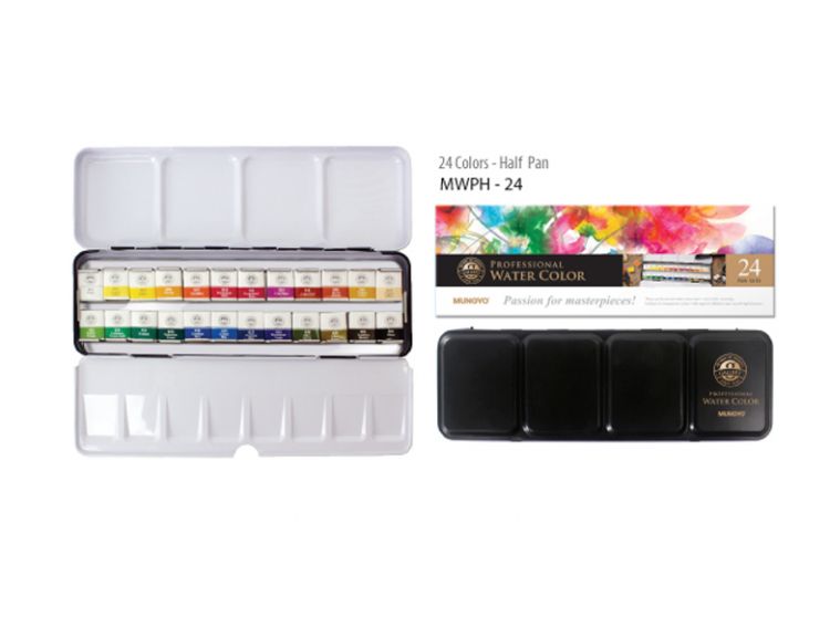 Профессиональные акварельные краски MUNGYO 24 цвета мал. кюветы в металлической коробке — PalitraMastera